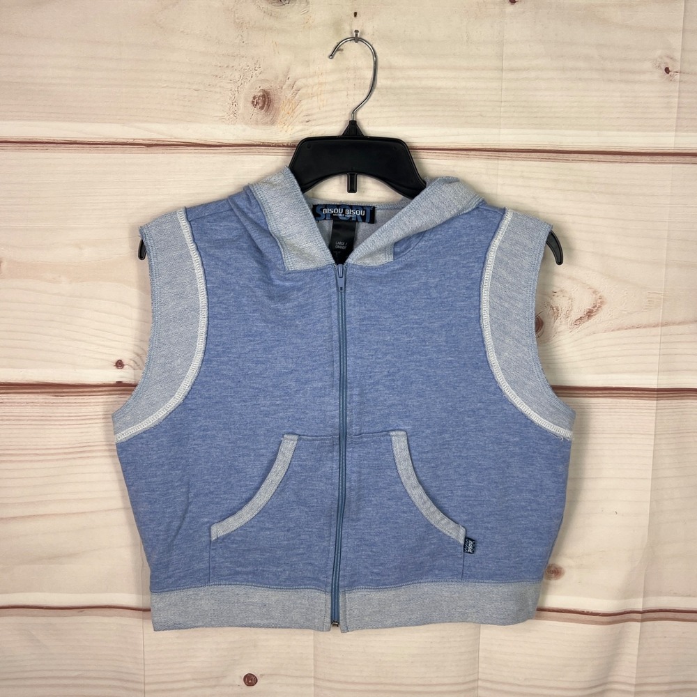 Bisou Bisou Sport Vest Womens L Blue Zip Up Sleeveless Terry Knit Hooded Crop